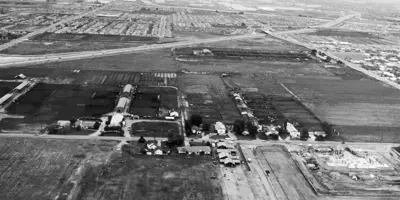 Old black and white photo of undeveloped Cerritos land, circa 1960s