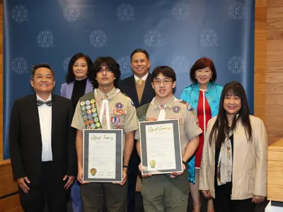 Cerritos City Council poses with Eagle Scout members receiving a proclamation, March 2026