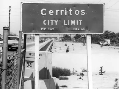A road sign showing the City of Cerritos population of 3,523 in its early years of incorporation